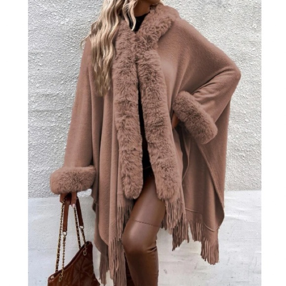 Sweaters - Cozy vegan fur dolman sleeve tssel poncho shawl scarf wrap cardigan